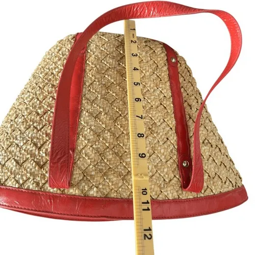 Coldwater Creek Woven Straw Tote Bag Red Leather Trim Flower Accent  Vacation - Image 11