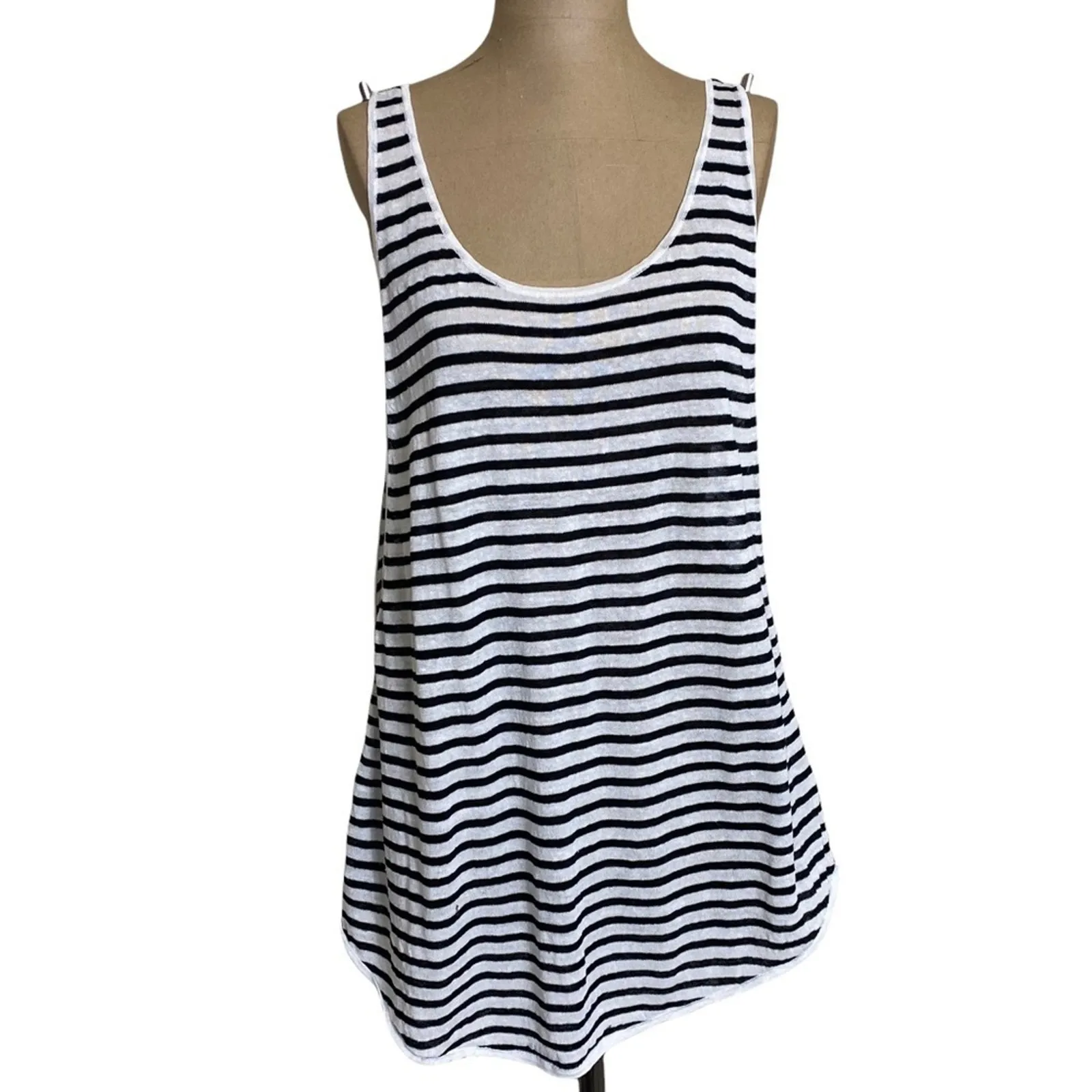 Eileen Fisher Tank Top Linen Blend Black & White Stripe Sleeveless - Image 3
