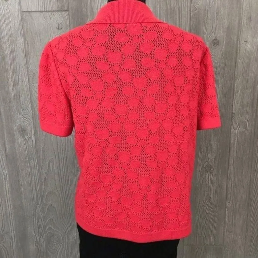 vintage St. John coral short sleeve cardigan shirt knit crochet pattern pink - Image 6