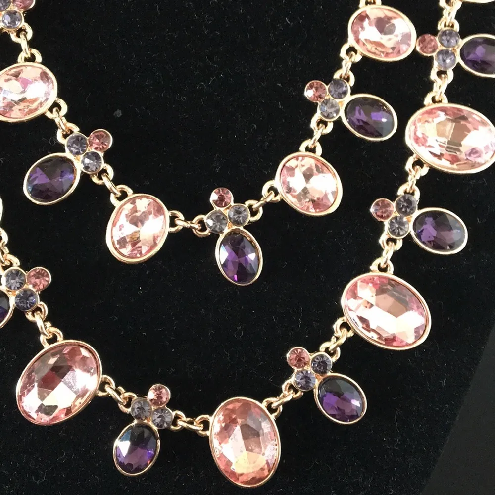 New Layered Pink & Purple Crystals Gold Necklace - Image 2