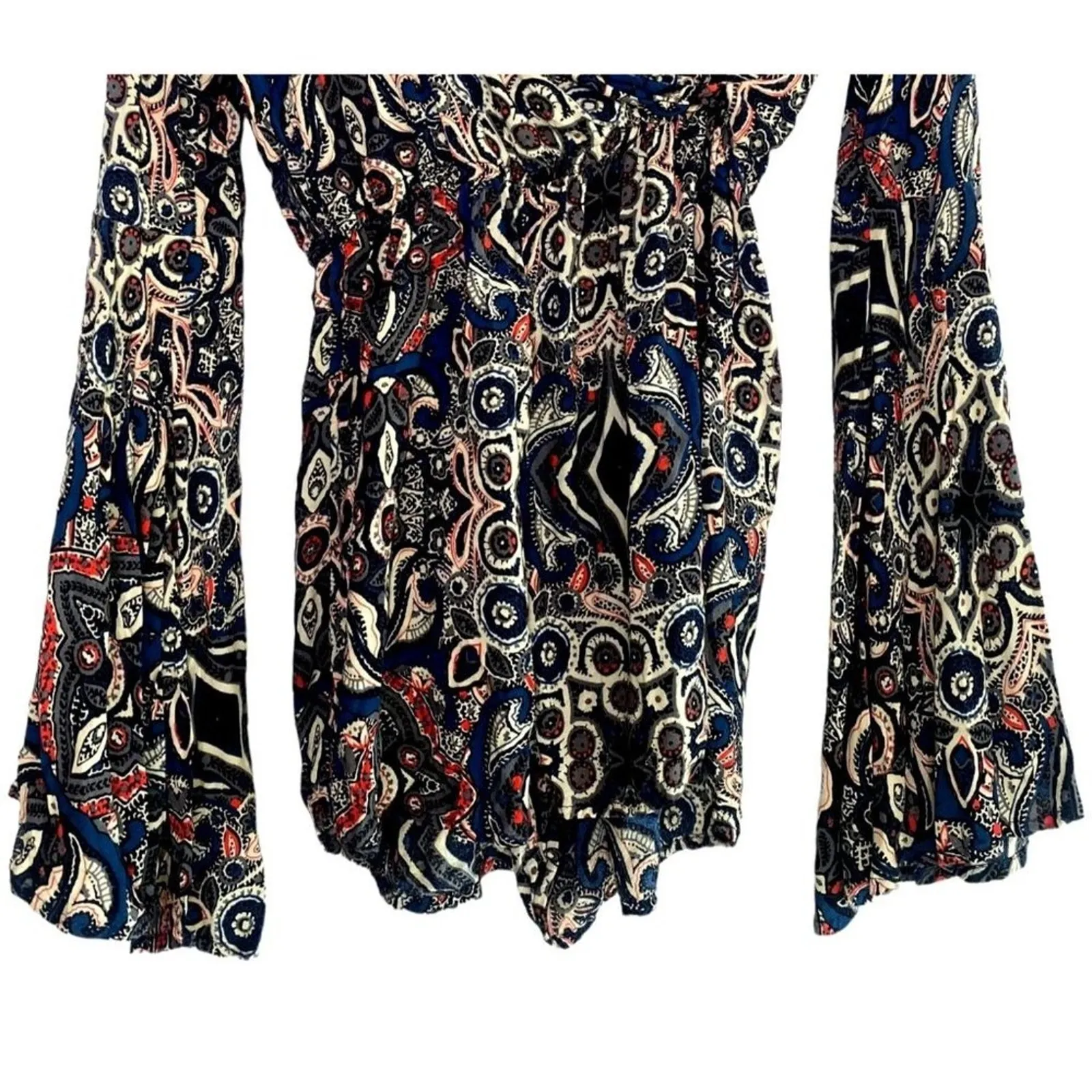 Abercrombie & Fitch Romper Shorts Long Bell Sleeves Abstract Print XS Black Blue - Image 4