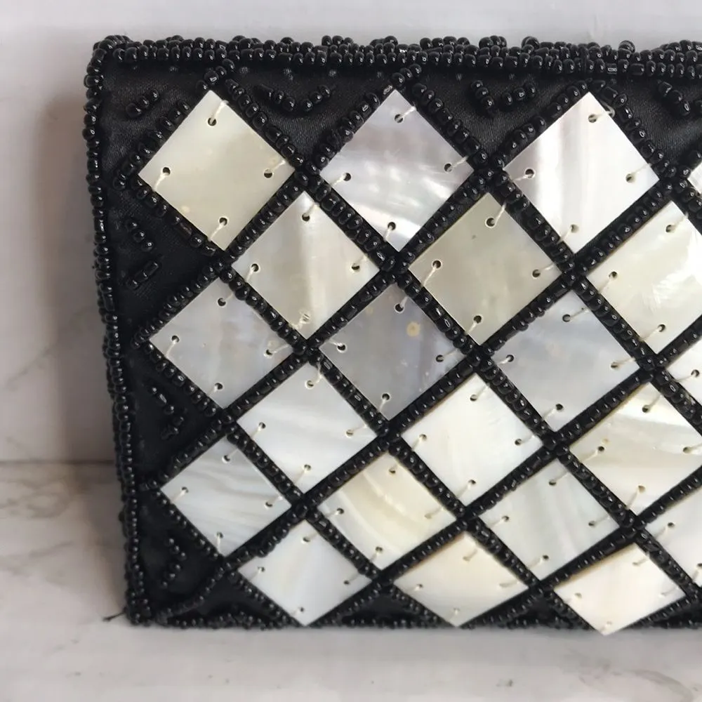 Vtg mad by design mother of pearl accents clutch black flower wallet - Image 6