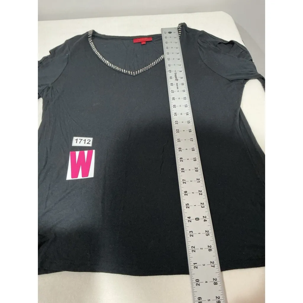 Womans Jlo Black V Neck Rhinestones Peek A Boo Short Sleeve T Shirt Xl - Image 6