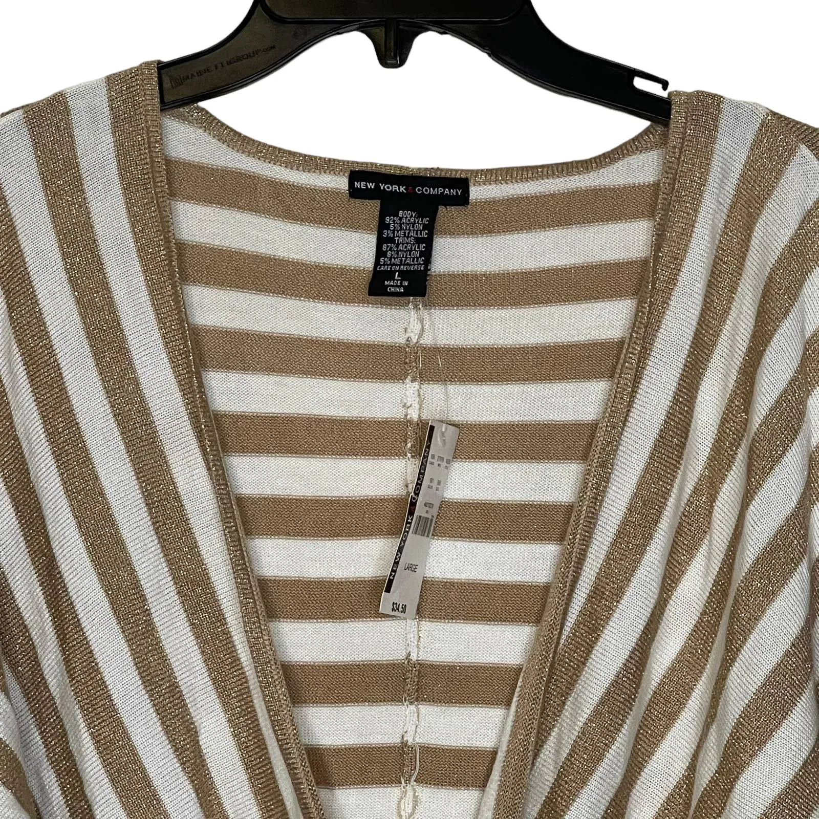 New York & Company Knitted Sweater Shrug Striped 3/4 Sleeve Women Size Large NWT Tan - Image 2