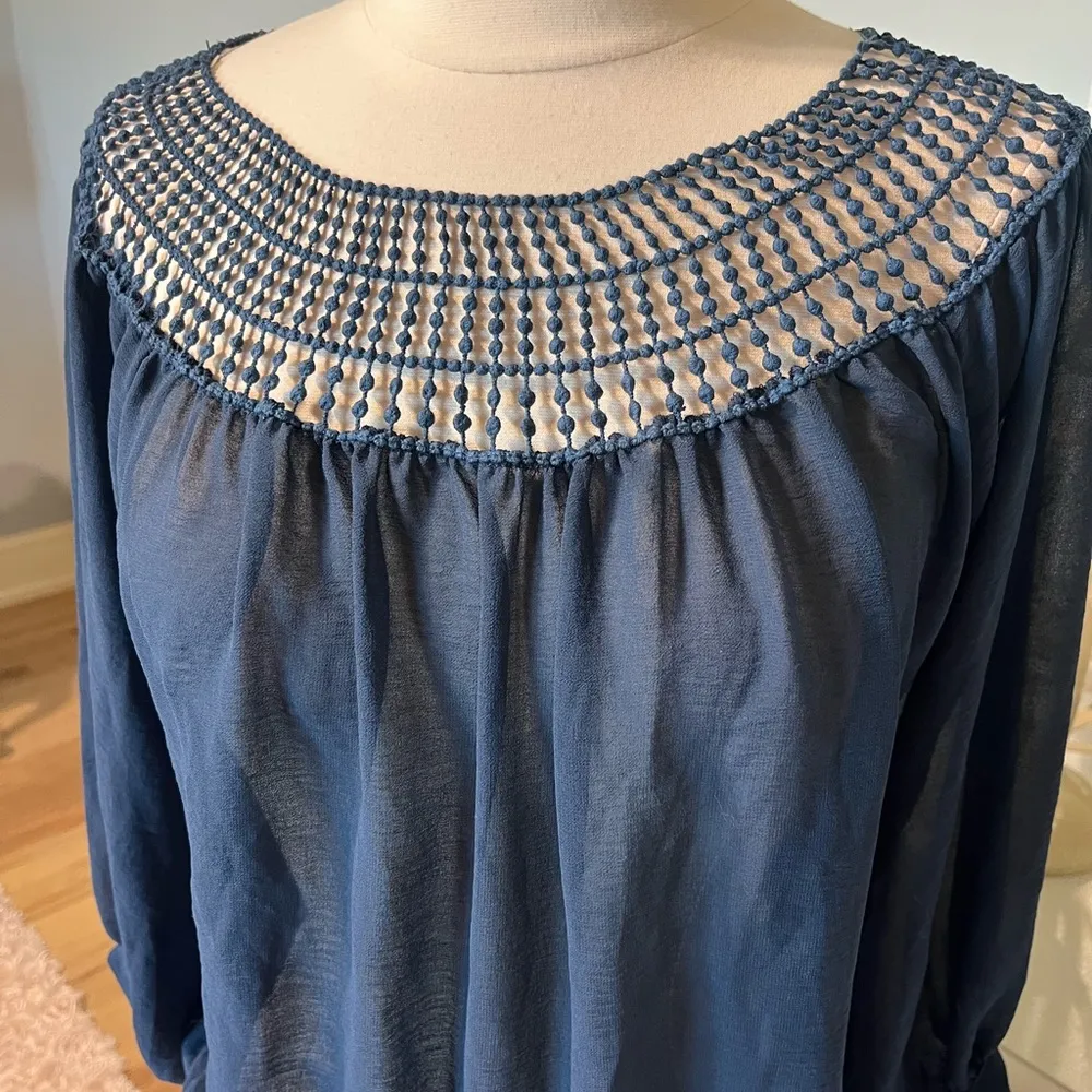 Potters Pot Navy Blue Blousey Shirt Womens Small Tie Top - Image 3