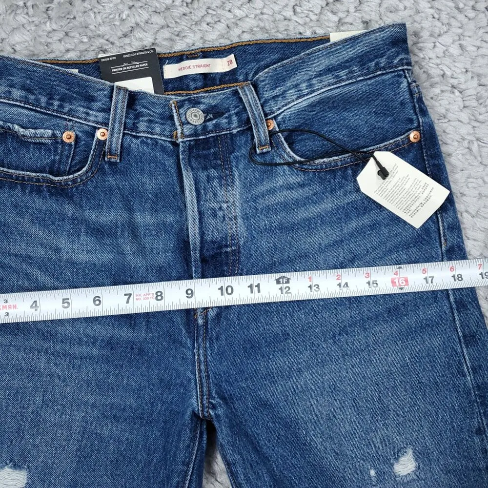 Levi's Premium Wedgie Straight Jeans Distressed Ripped Destroyed Blue Size 28x28 - Image 11