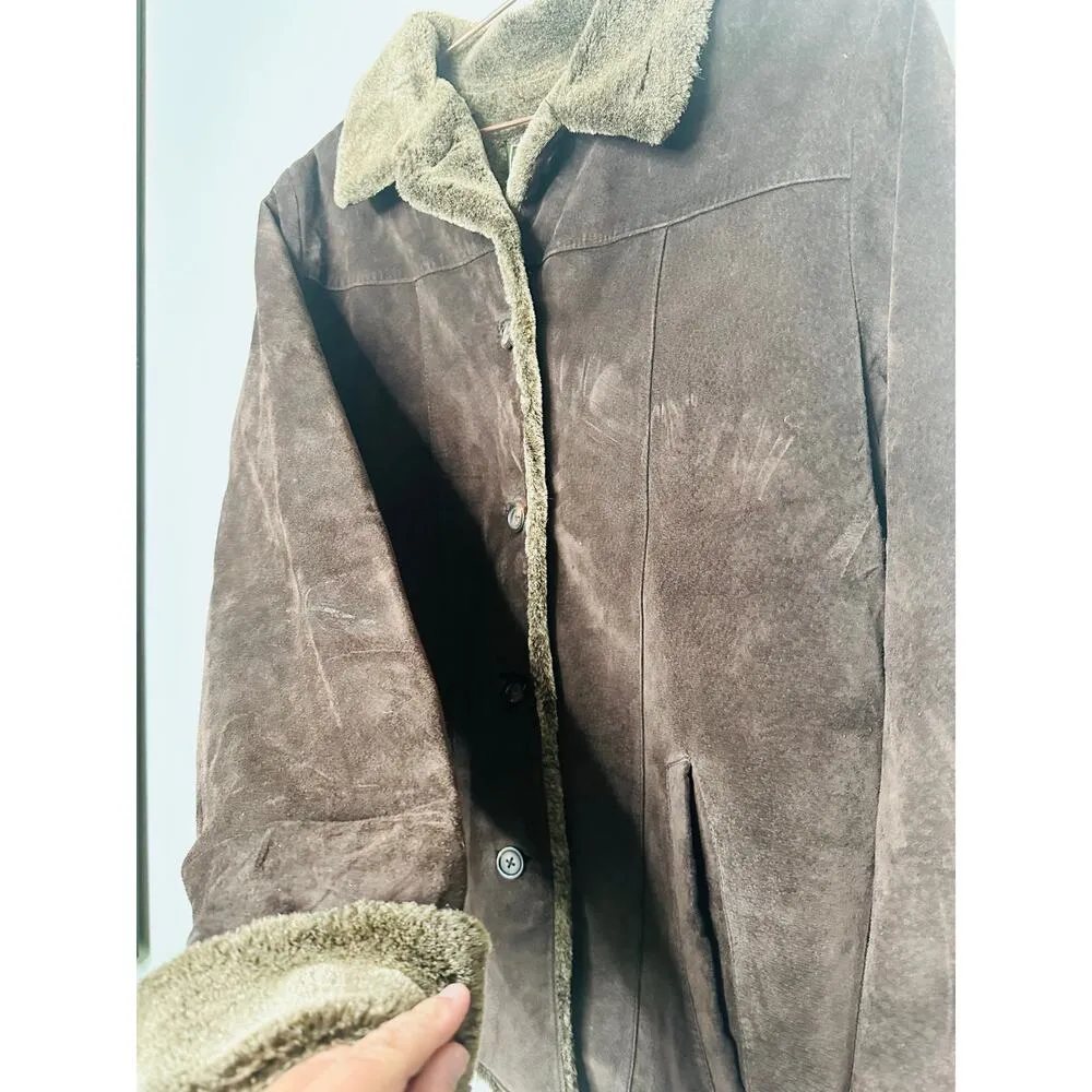 VINTAGE EDDIE BAUER Brown Faux Fur Lined Suede Leather Oversized Coat Size M - Image 10