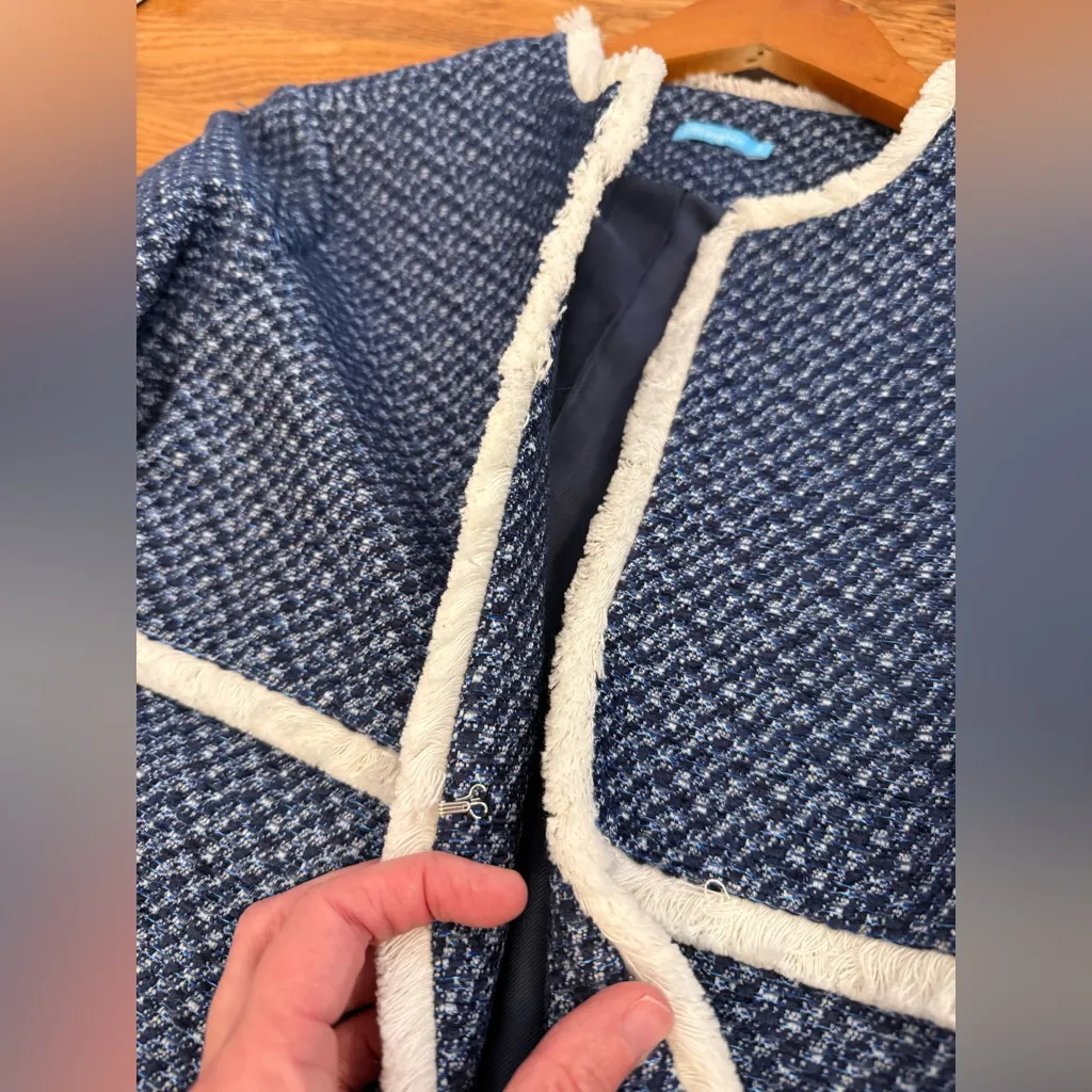 J. McLaughlin Fringed Tweed Coat Women's Size S Hook & Eye Closure Midi Pockets - Image 9