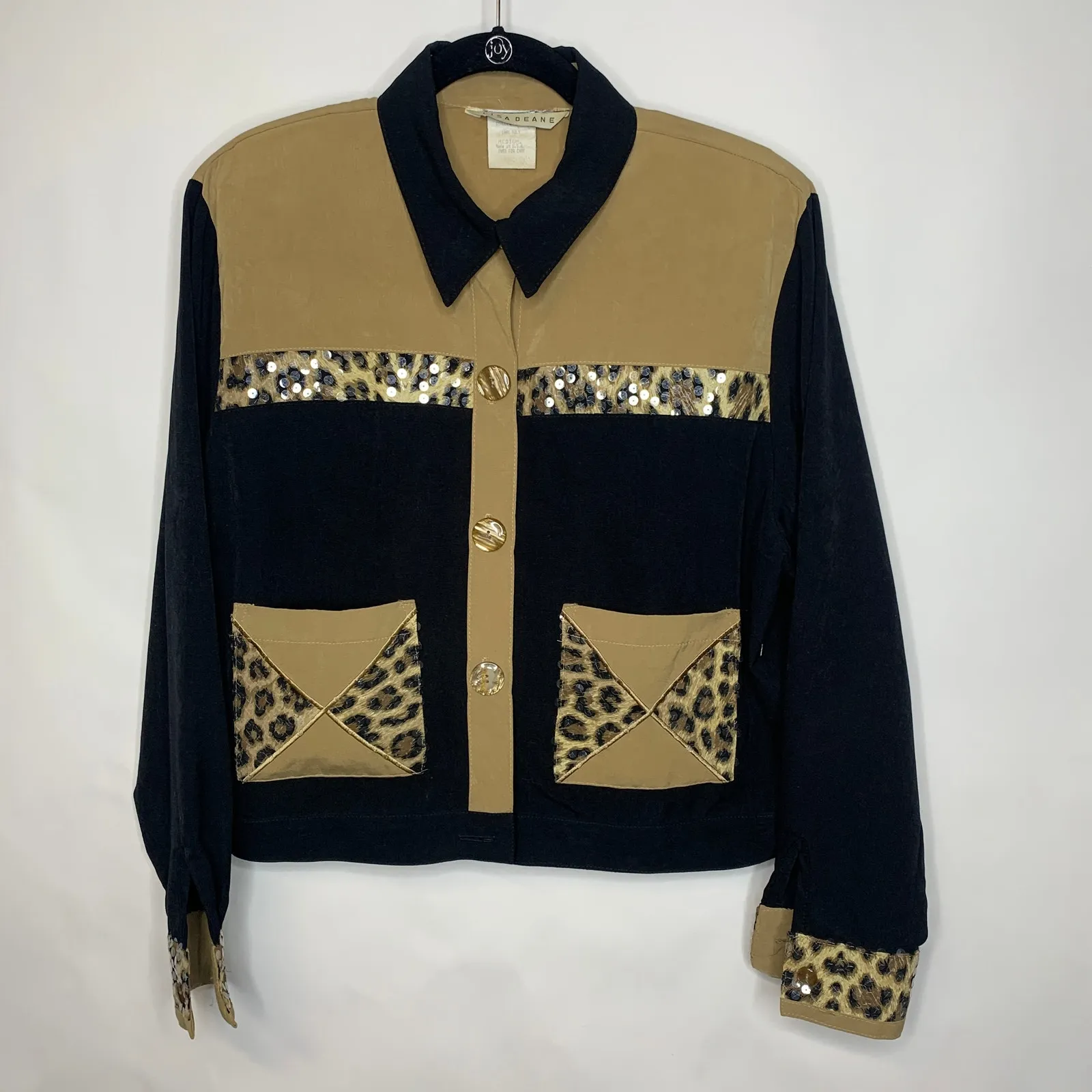 Vintage Cropped Shacket Cheetah Leopard Sequin Colorblock sz Medium Brown - Image 5