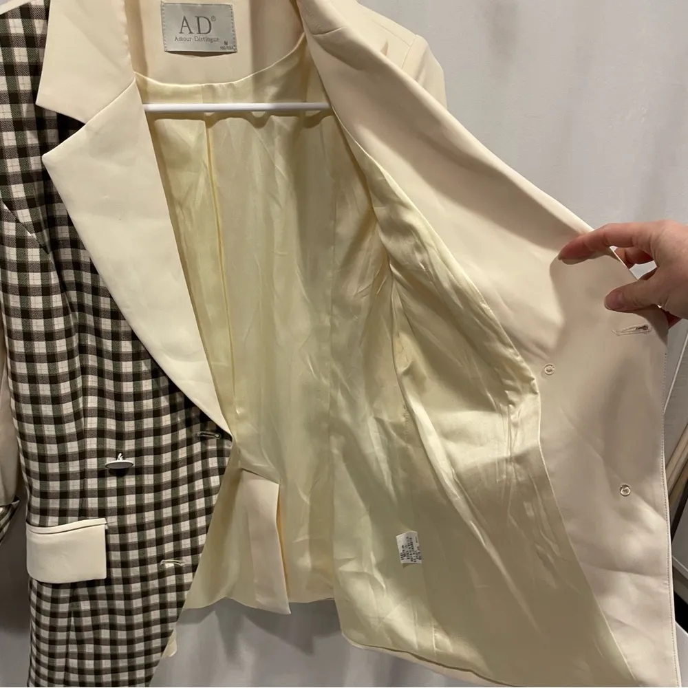 Cream and plaid preppy blazer with stretch pockets preppy casual cool Green Size XS - Image 8