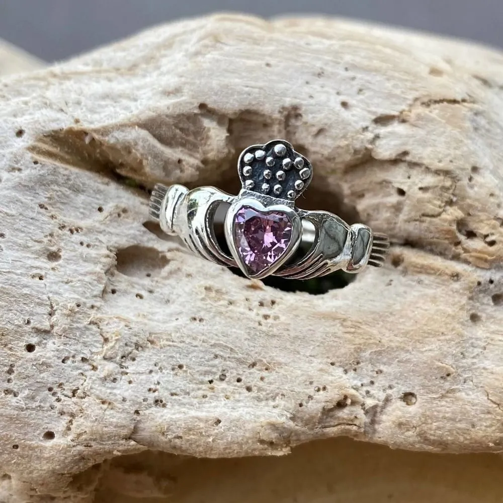 Sterling Silver Claddagh Pink Ice Cz Ring Size 8,9 - Image 2