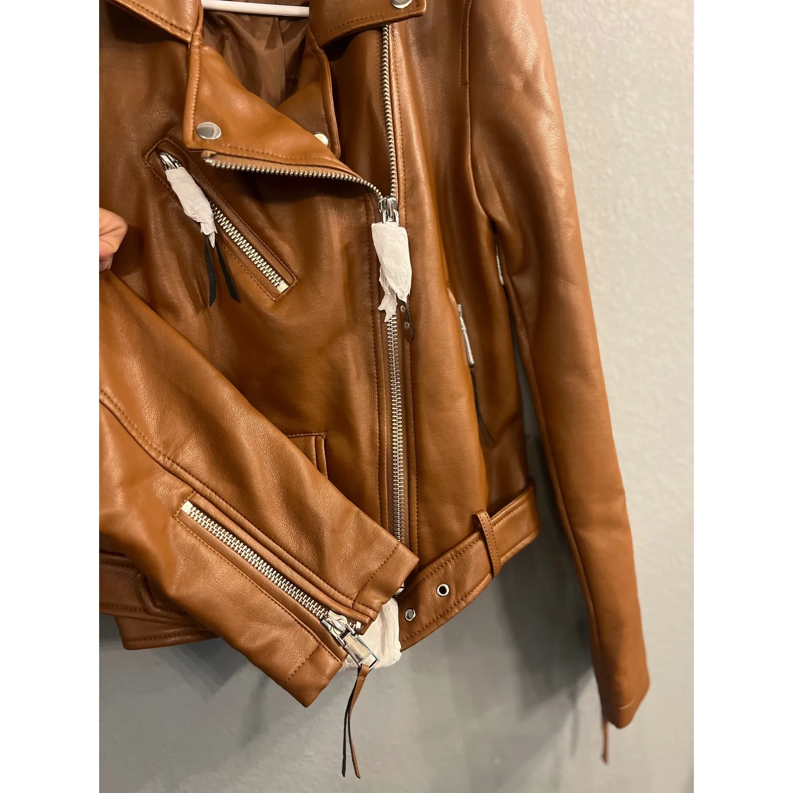 Rebecca Minkoff Cognac Brown Vegan Faux Leather Moto Jacket‎ Biker Zip Up Small - Image 5