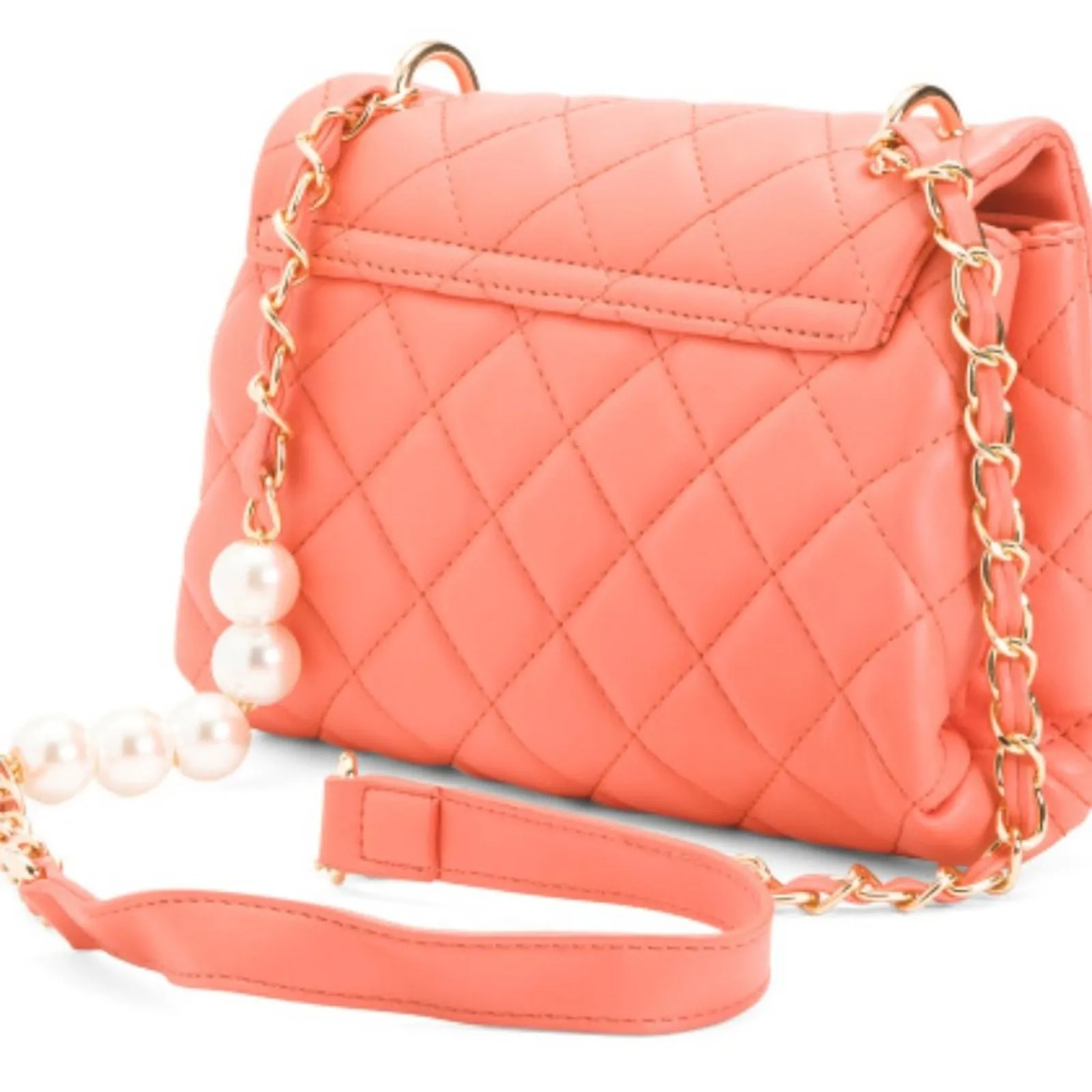 Badgley Mischka Coral Quilted Puffy Pearl Messenger Orange Purse Crossbody Bag - Image 4