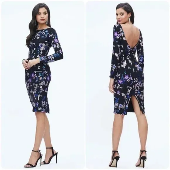 DRESS THE POPULATION Emery Floral Sequin Long Sleeve Midi Dress Lavender Multi - Image 2