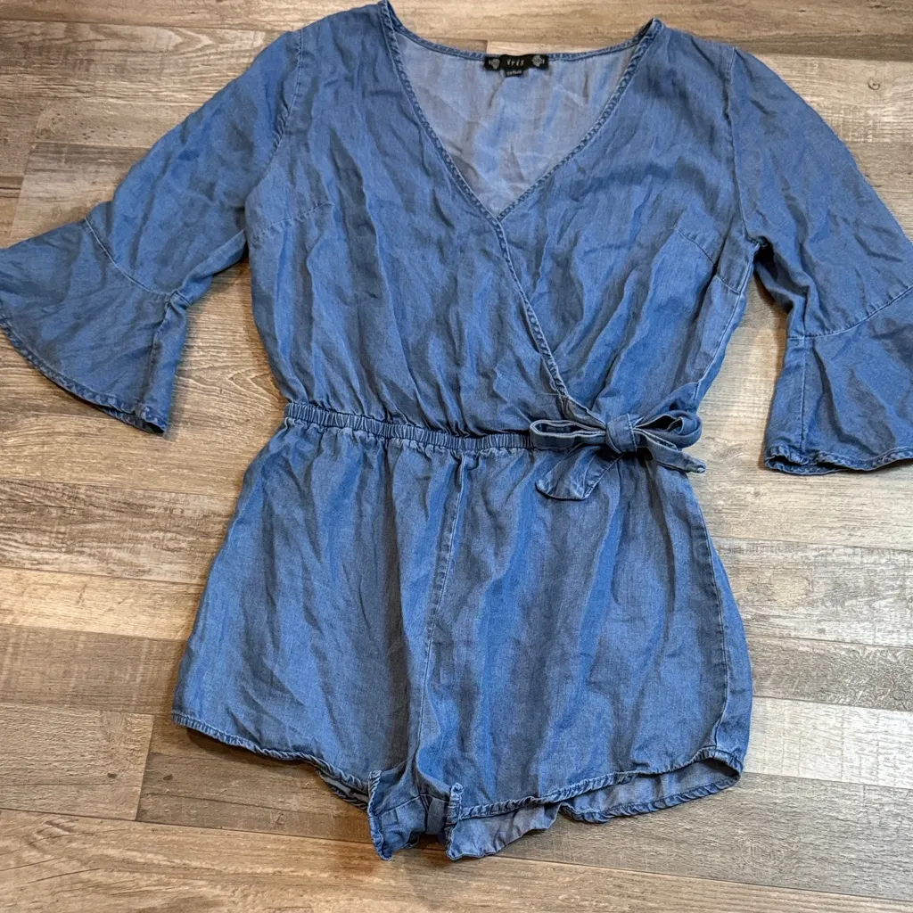 Iris Blue Denim Romper with Bell Sleeves Size S - Image 3