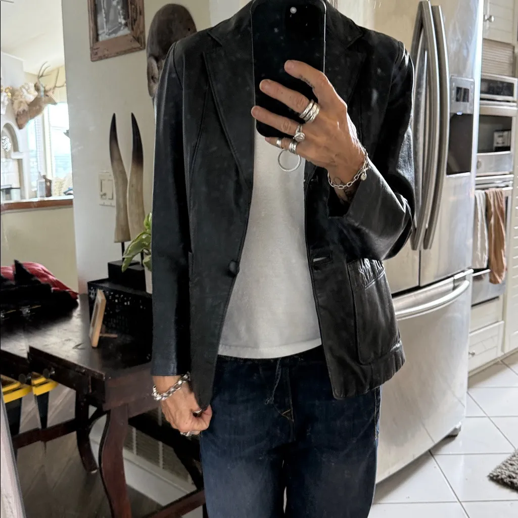 Vintage Black Leather Jacket blazer style so cool Size M - Image 14