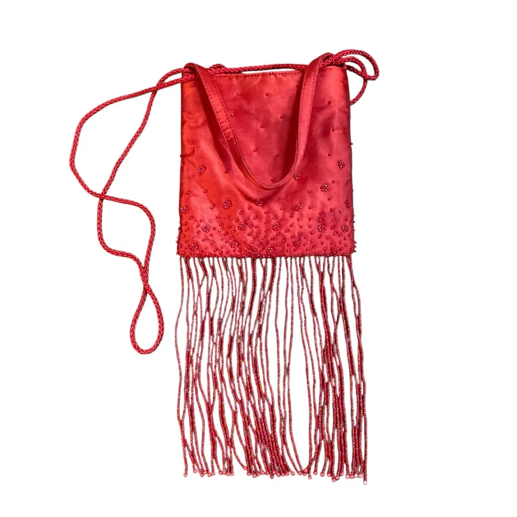 Vintage Designer Meg Christopher Beaded Tassle Evening Bag with Crossbody Strap - Image 2