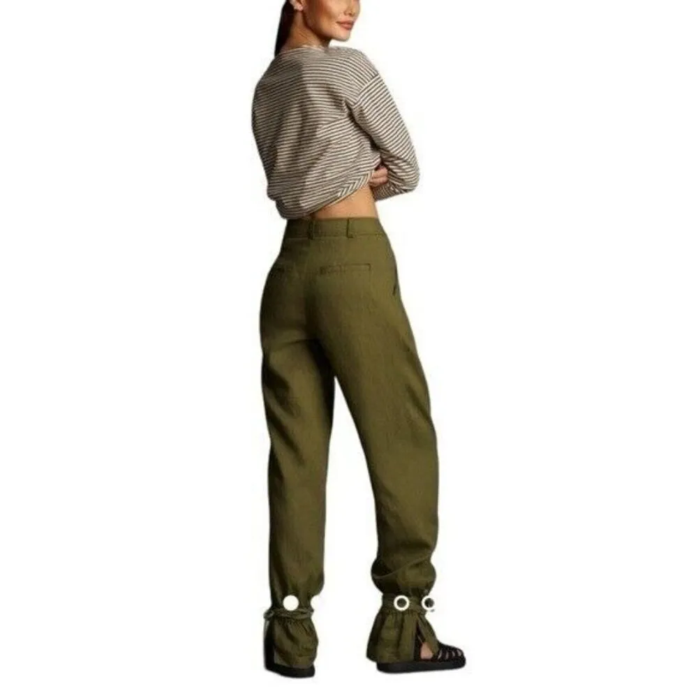 ANTHROPOLOGIE Ankle Tie Linen Trousers Dark Green Size 12 NEW - Image 4