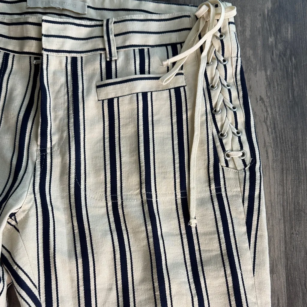 Vanessa Bruno Cream and Navy Striped Straight Leg Pants With Lace Up Side Detail Blue Size undefined - Image 5