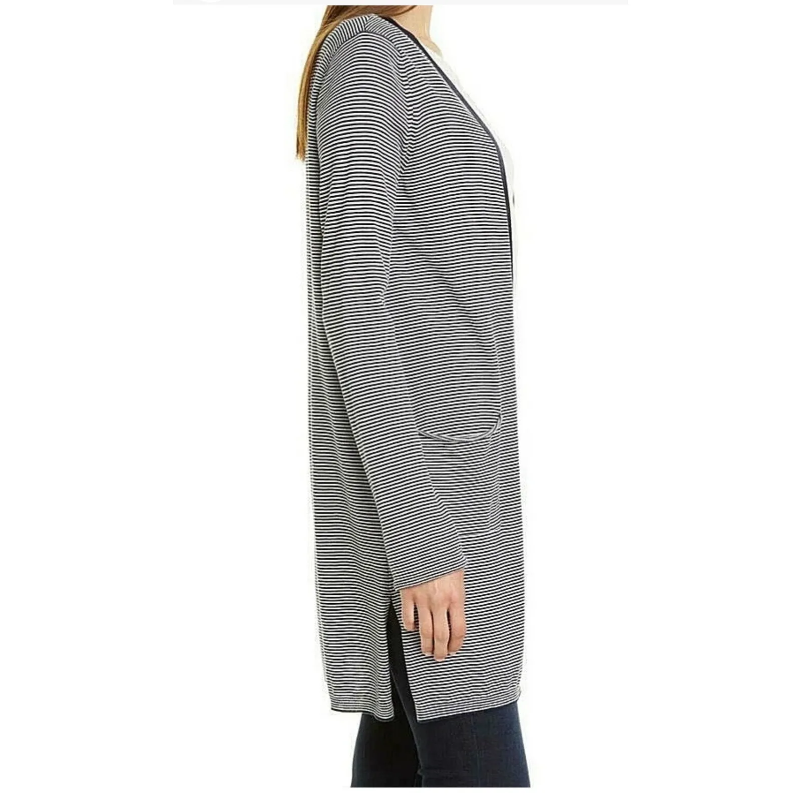 ATM Stripe Open Front Cardigan Sweater Navy Blue Medium NEW Silk Cashmere Wool - Image 3