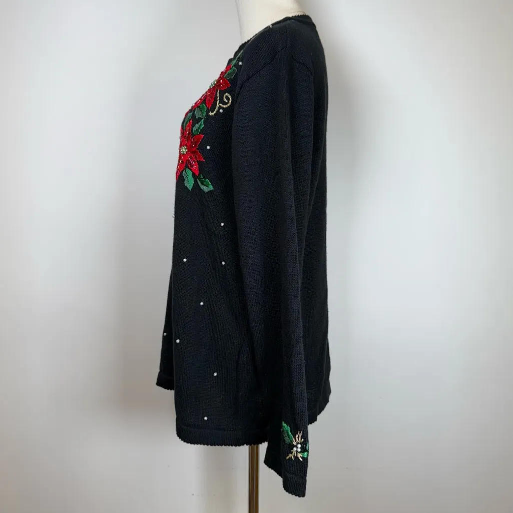 Basic Editions Holiday Sweater Cotton Blend Sequin Bead Embroidery Womens Large Black - Image 4