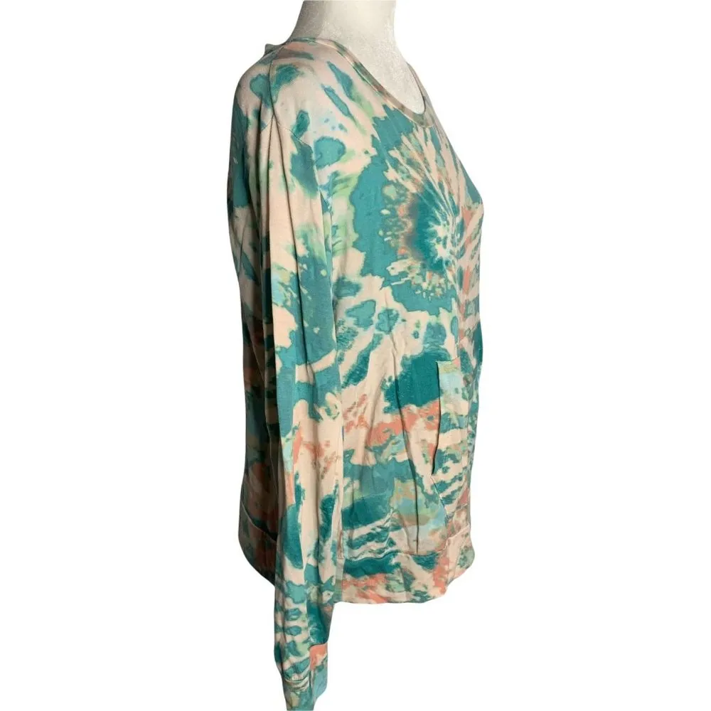 Adyson Parker Tie Dye Athletic Top M Pink Green Kangaroo Pocket Zip Thumb Holes - Image 5