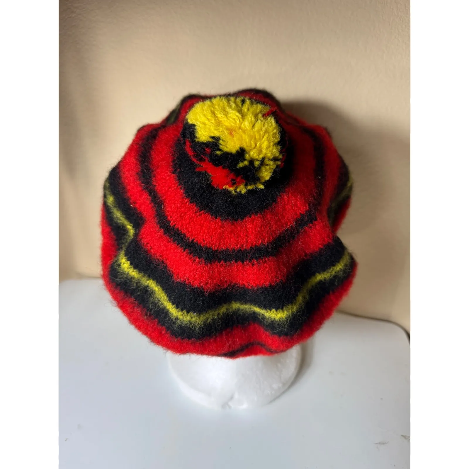 Wallace Wool Beret Hat Striped Red Black Yellow Pom Pom Made in Scotland - Image 4