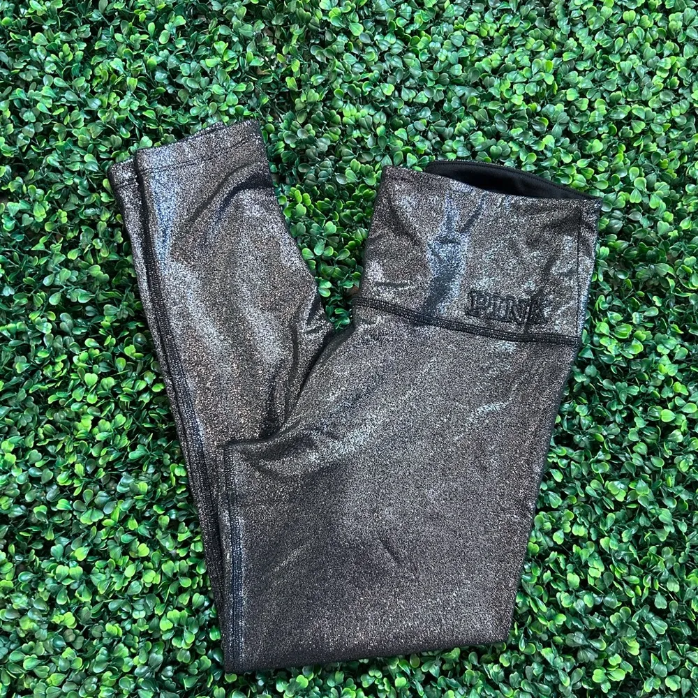 PINK ULTIMATE NWOT high waisted RARE black and silver sparkle leggings - Image 3