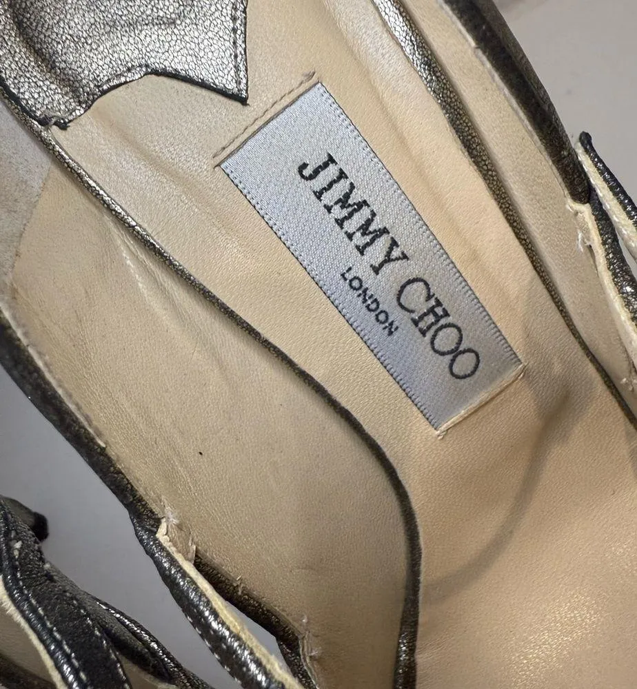 Jimmy Choo Crinkle Metallic Gunmetal Silver Sexy Mary Jane Peep Toe Heels EU 40 - Image 10