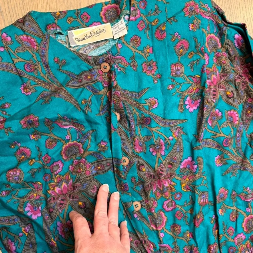 Diane Von Furstenberg Teal Paisley Floral Rayon Jumpsuit Playsuit 80s Size S - Image 7