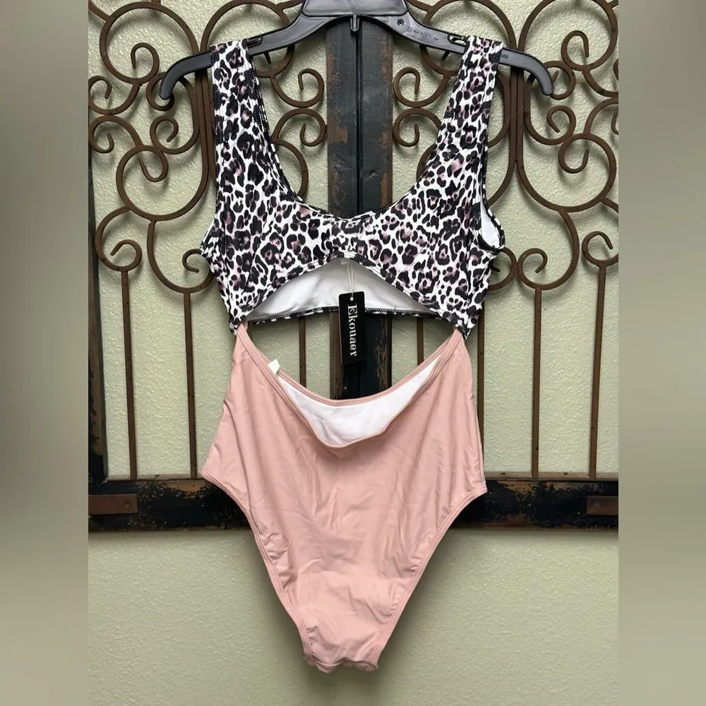 Ekouaer one piece leopard/pink cut out swim suit - Image 2