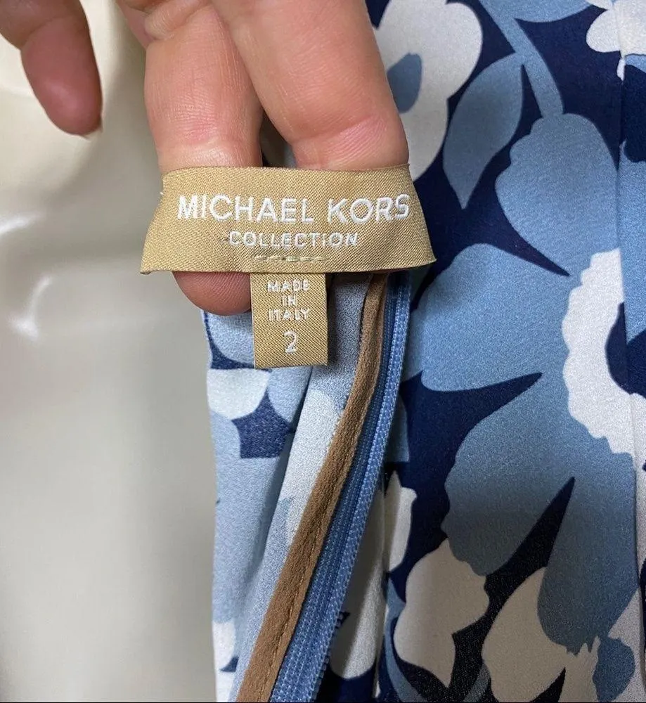 MICHAEL KORS COLLECTION Blue White Midi Floral Silk Georgette Dress sz 2 - Image 3