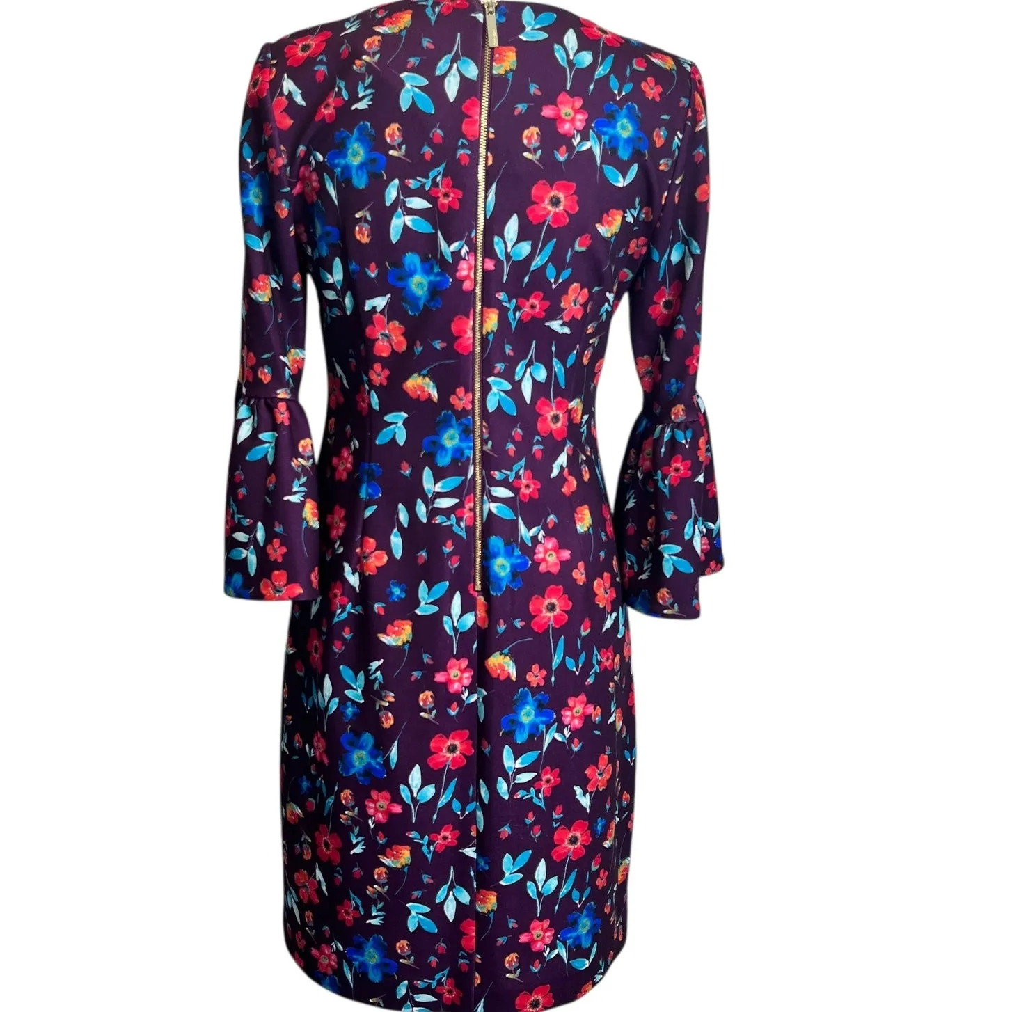 Calvin Klein Floral Sheath Dress Purple Size 6 Bell Sleeve Above The Knee Fitted - Image 4