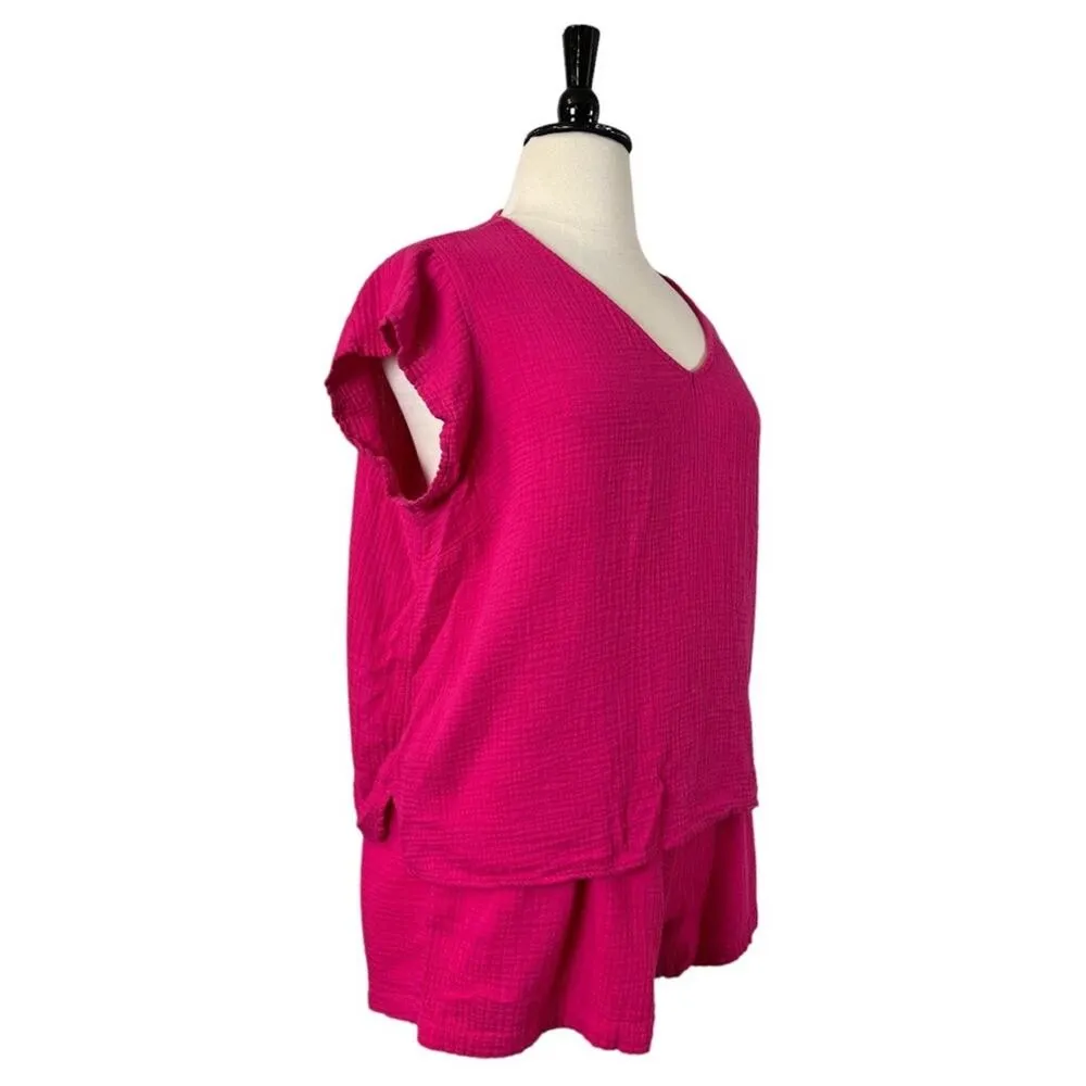 Three Dots Short Set Double Gauze Cotton 4” Inseam V Neck Hot Pink Women’s XXL - Image 2