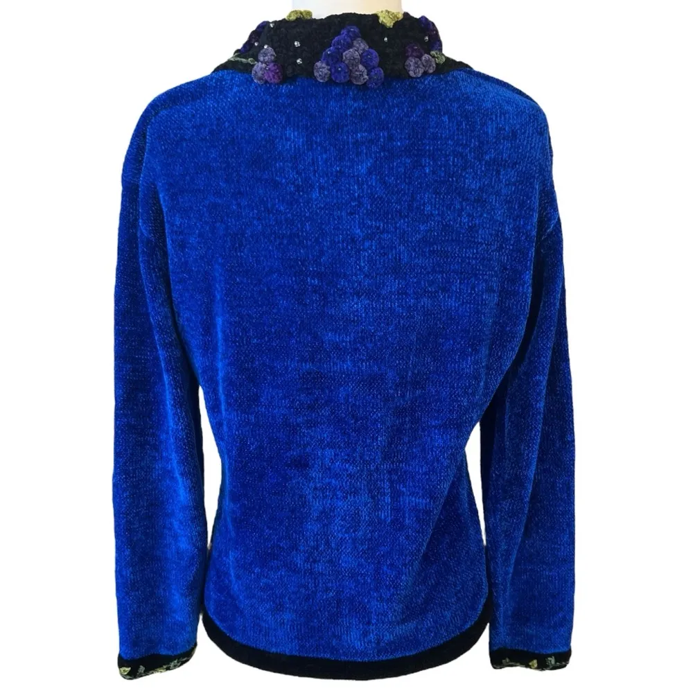 Vintage That Sweater Chenille Glass Beaded Grapes Embellished Cardigan Sweater Blue Size M - Image 12