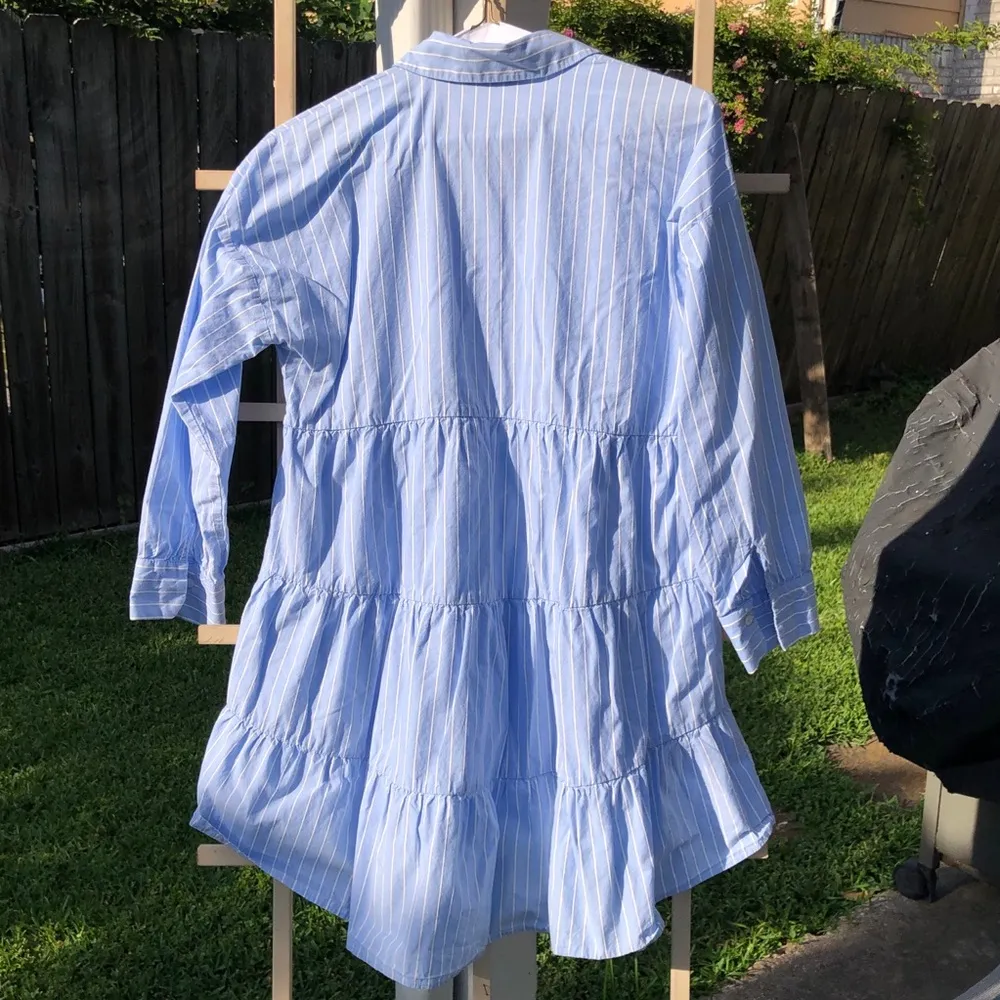 Blue Cotton Striped Long Sleeved Mini Shirt Dress S - Image 11
