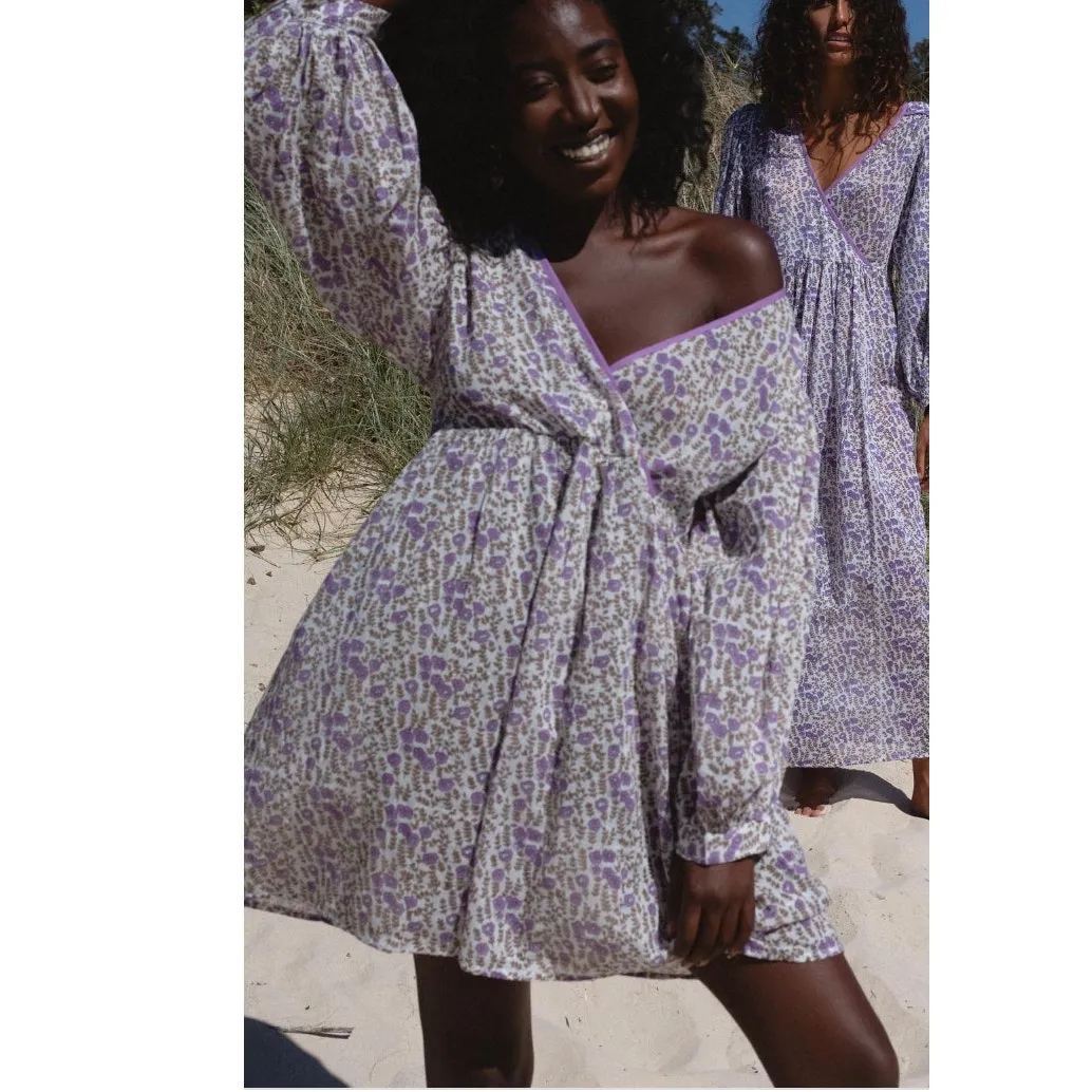 Daughters of India Binita Mini Dress Violet Floral Boho Cotton XS NWT Purple - Image 2