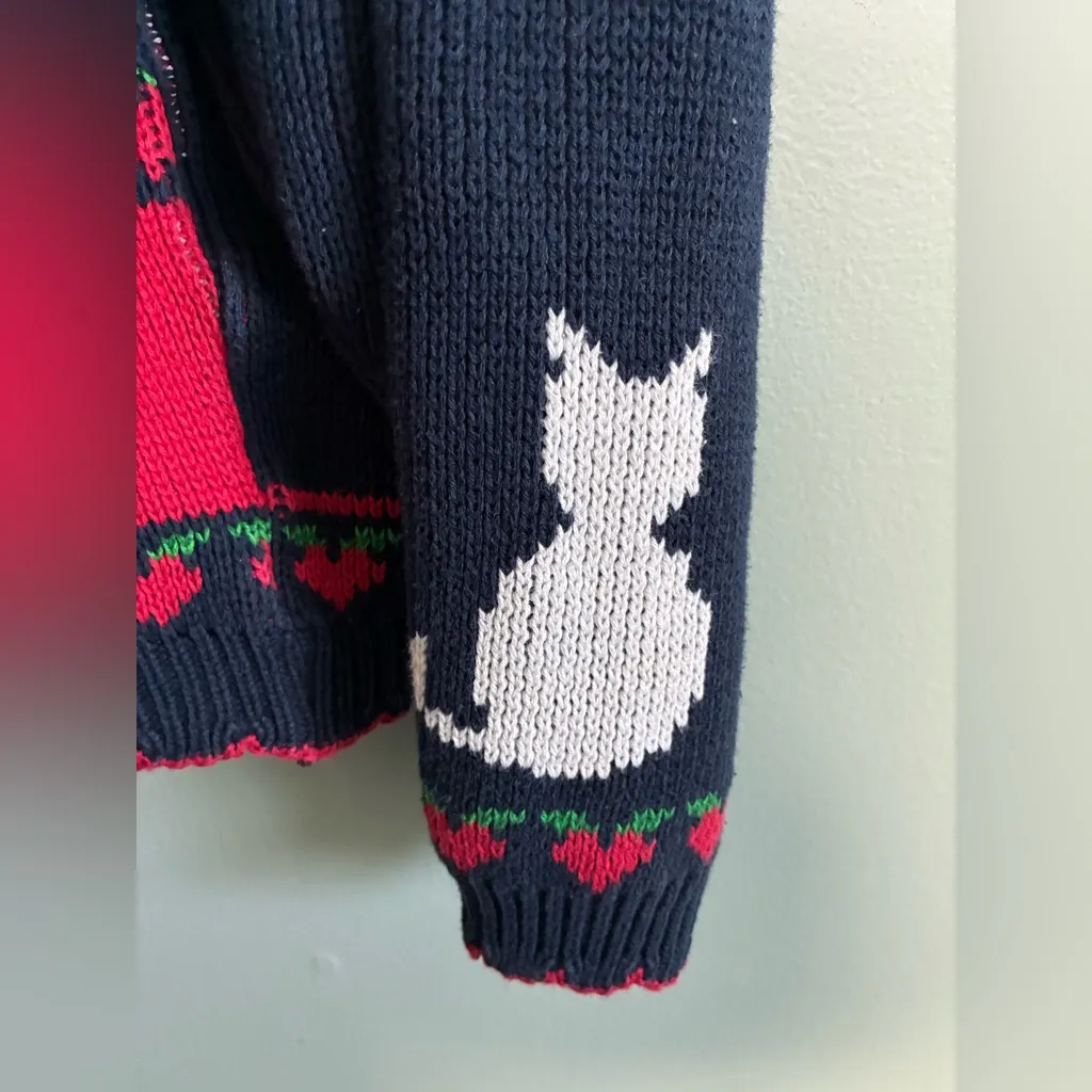 VTG the Loft Festive Holiday Christmas Cat Cropped Sweater Cardigan Sz M Blue Size M - Image 3