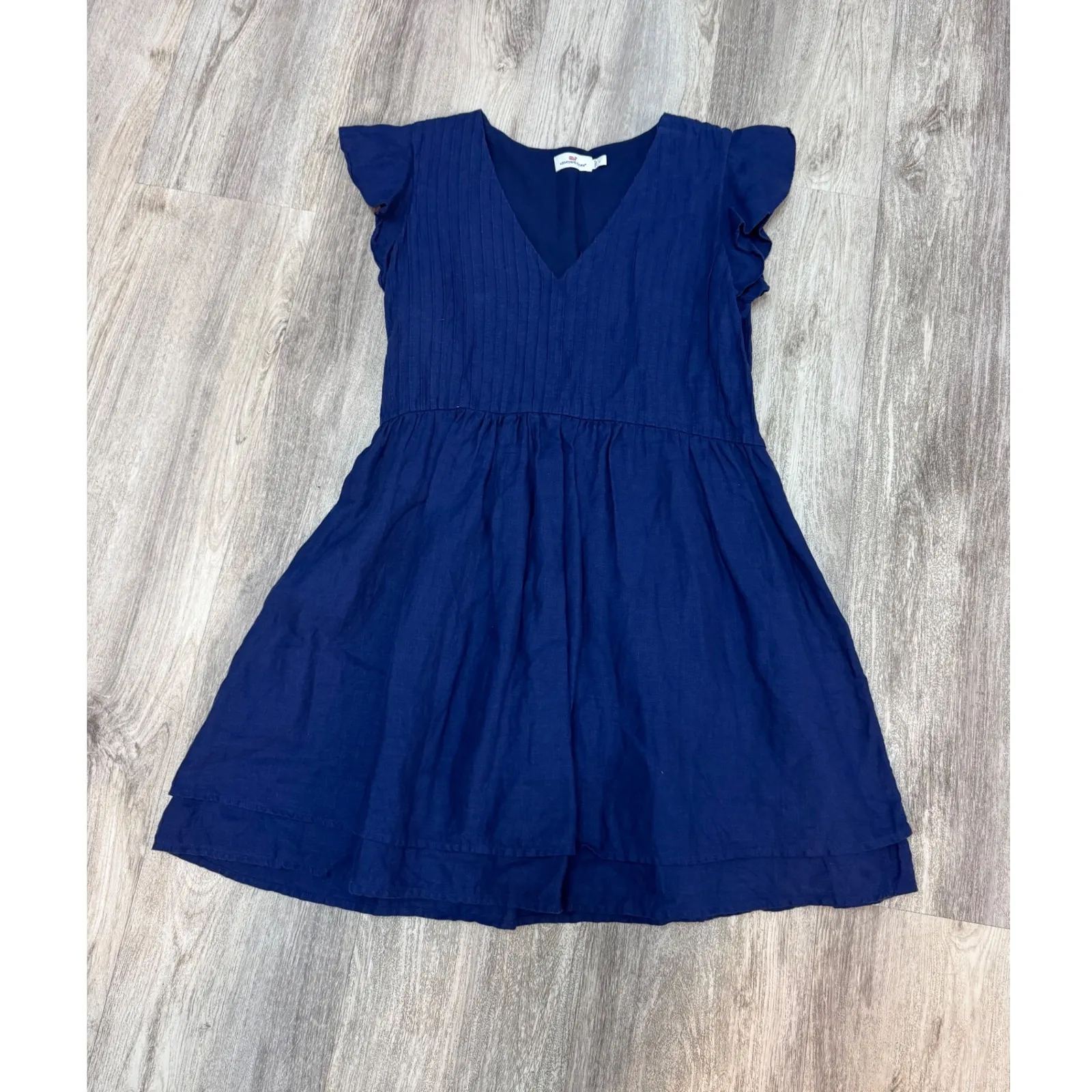 Vineyard Vines‎ Linen Pintuck Dress Navy Blue Linen Blend Flutter Sleeve Size L - Image 5