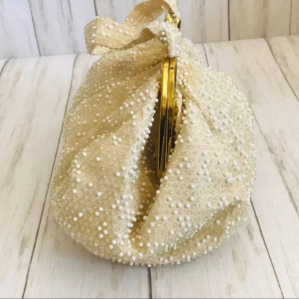 Vintage Cream Color Handbag with Clear & White Beading Gold Tone Hardware - Image 6