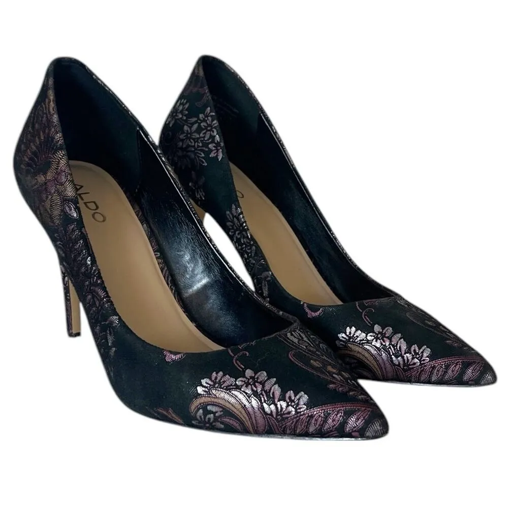 ALDO Stiletto 4” High Heels Black Purple Silver Metallic Floral Women’s Size 7M - Image 12