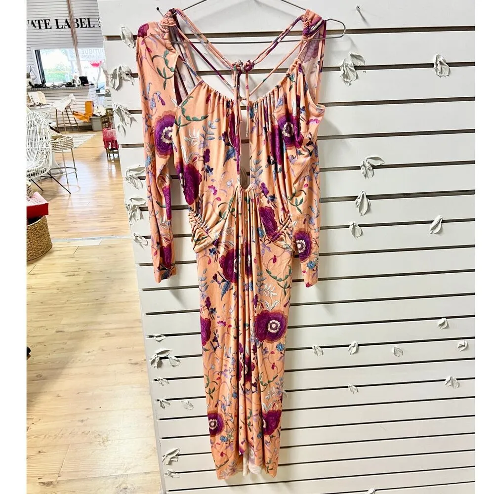 Isabel Marant Jadessi Floral Cutout Asymmetric Midi Dress Peach Womens 38 / US 6 - Image 2