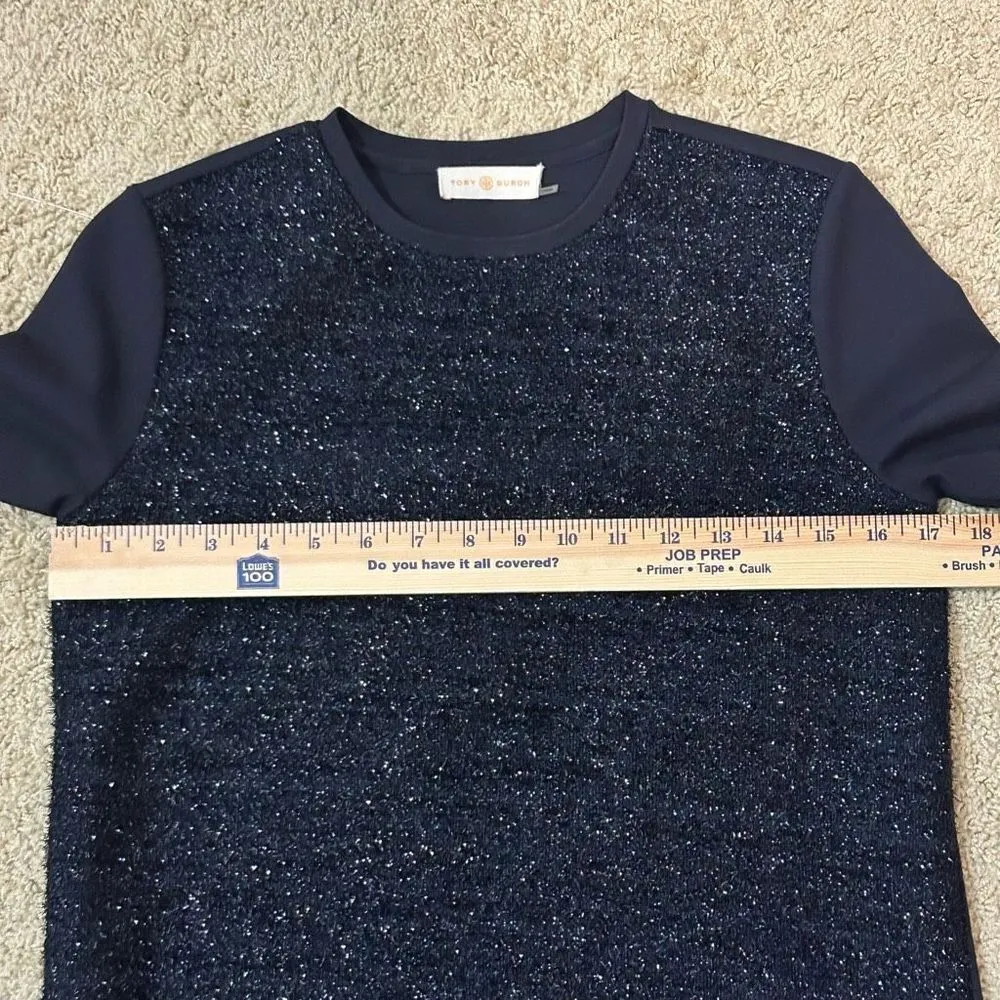 Tory Burch Tinsel sparkle shift short sleeve dress navy blue black scuba size XS - Image 9