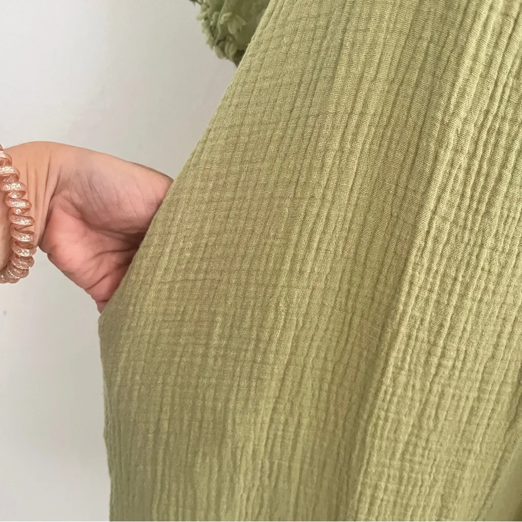 Umgee Olive Green Puff Sleeves V-Neck Textured Boho Casual Short Dress Medium - Image 8