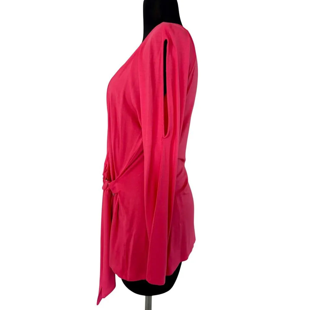 Cache Orange Faux Wrap Cold Shoulder Belted DeepV Neck Stretch Asymmetrical Top - Image 4