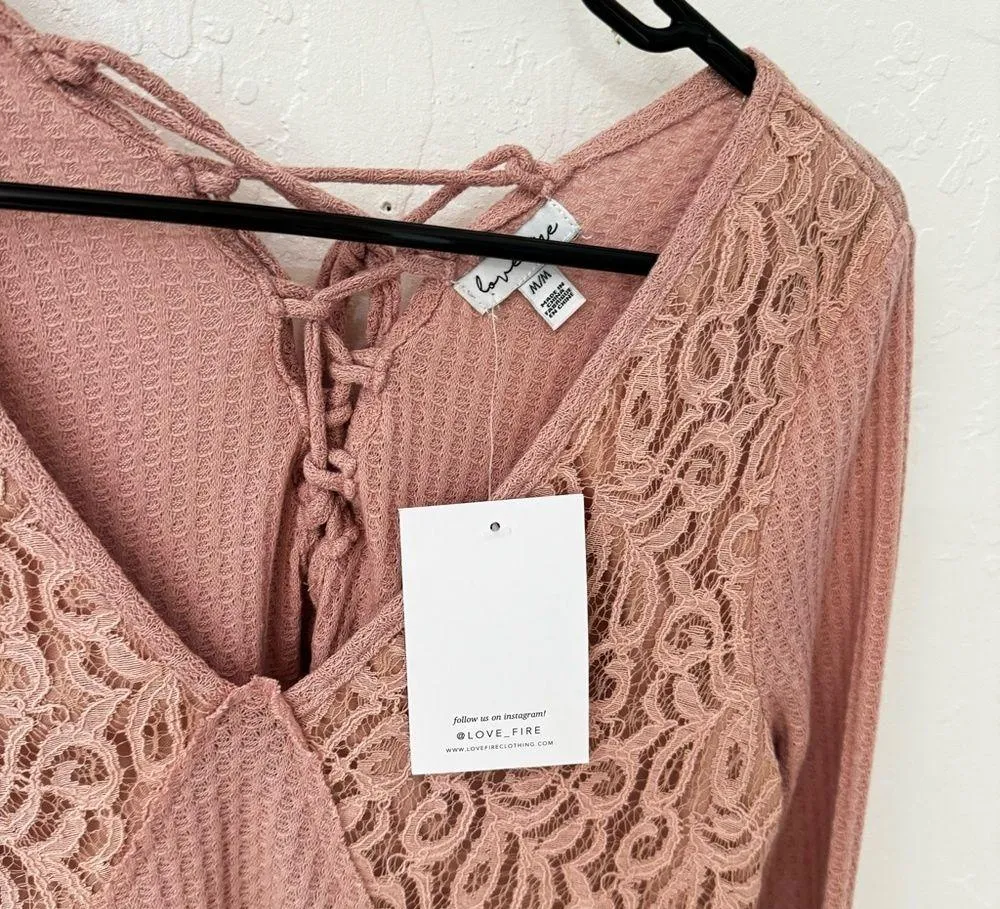 Love Fire Dusty Rose Solid Long Sleeve Waffle lace Knit M - Image 5