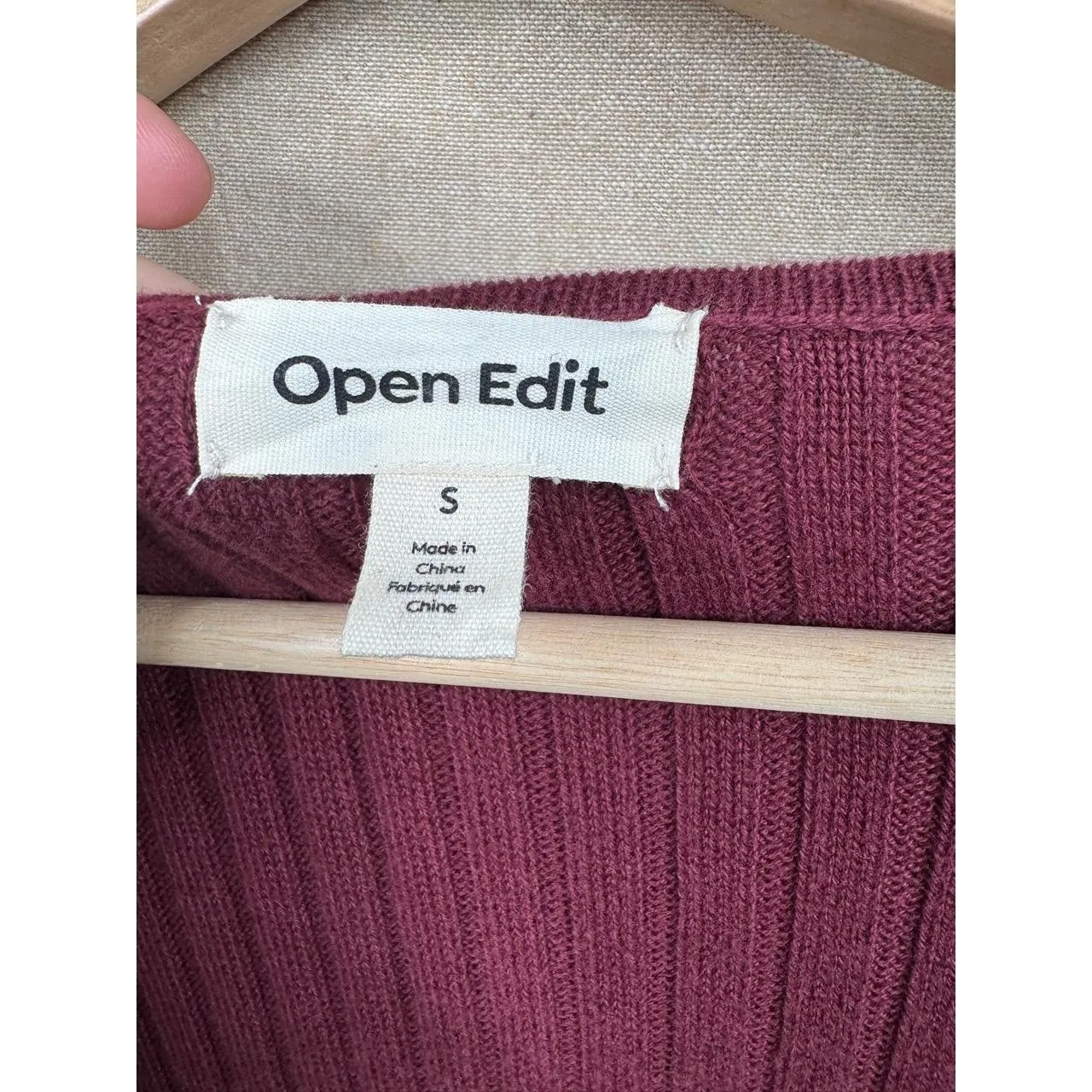 Open Edit Size S Ribbed Knit V-Neck Long Sleeve Top Burgundy Asymmetrical Neck - Image 7