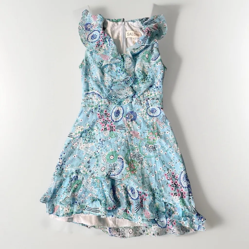 Saloni Tilly Blue Print Floral Silk Shirt Dress Sorrel Teal Bloom Womens Size 4‎ - Image 4