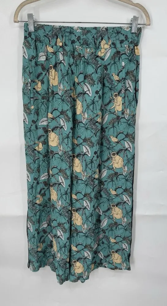 Roller Rabbit Pants Women S Blue Bird Monkey Wildlife Forest Wide Leg Tropical - Image 1