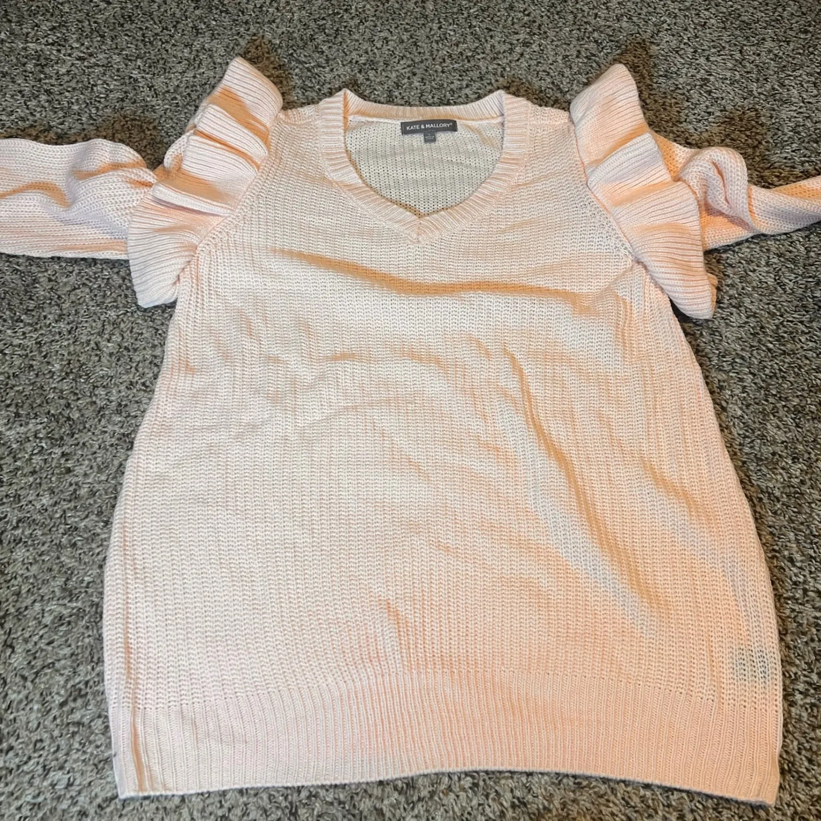 Kate & Mallory Womens V Neck Ruffle Sleeve Knit Sweater Pullover Peach Large - Image 3